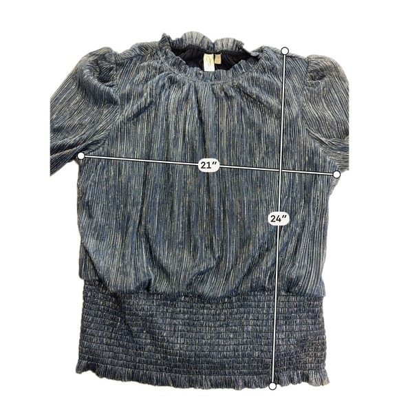 Joie Navy Blue Metallic Pleated Smocked High Neck Blouse Womens Large Party Glam - Picture 10 of 11